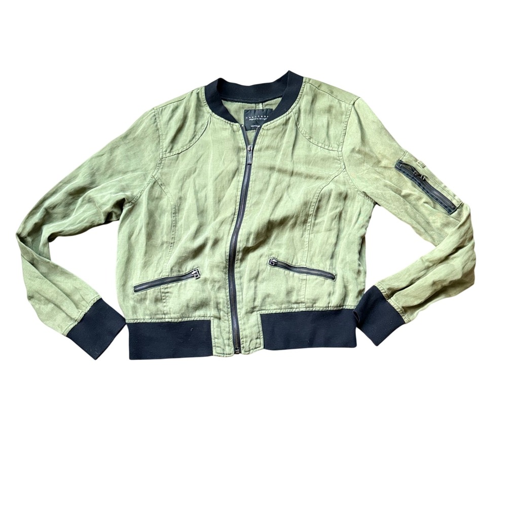 Sanctuary Bomber Jacket Women Size S Olive Green Excellent Tencel Linen Zip
